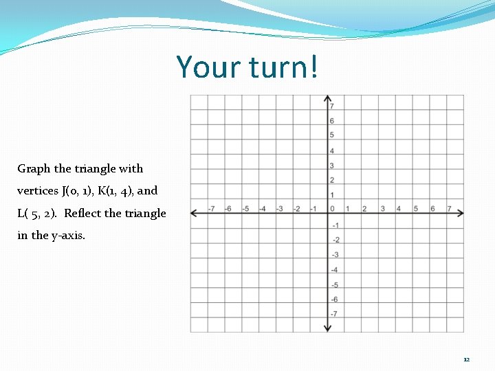 Your turn! Graph the triangle with vertices J(0, 1), K(1, 4), and L( 5, Your turn! Graph the triangle with vertices J(0, 1), K(1, 4), and L( 5,