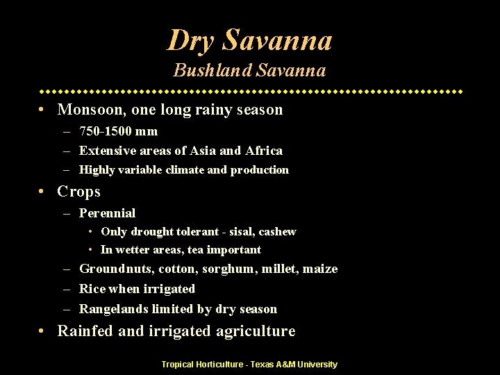 Dry Savanna Bushland Savanna • Monsoon, one long rainy season – 750 -1500 mm