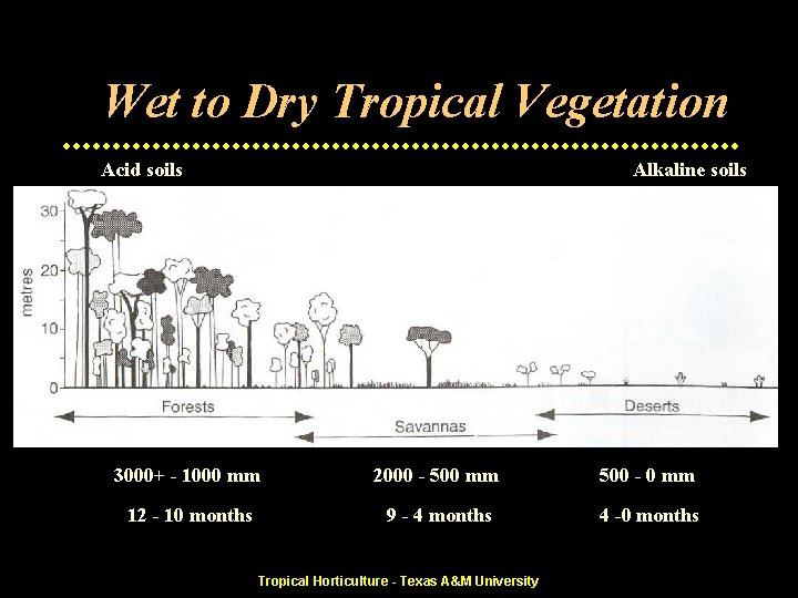 Wet to Dry Tropical Vegetation Acid soils Alkaline soils 3000+ - 1000 mm 2000