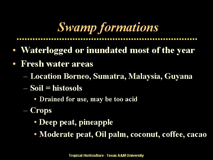 Swamp formations • Waterlogged or inundated most of the year • Fresh water areas