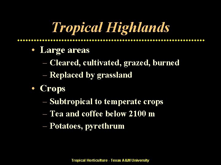 Tropical Highlands • Large areas – Cleared, cultivated, grazed, burned – Replaced by grassland