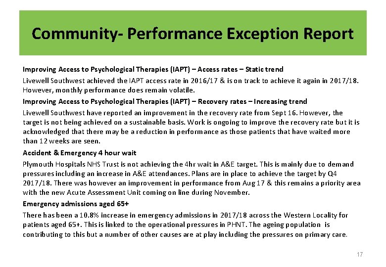 Community- Performance Exception Report Improving Access to Psychological Therapies (IAPT) – Access rates –