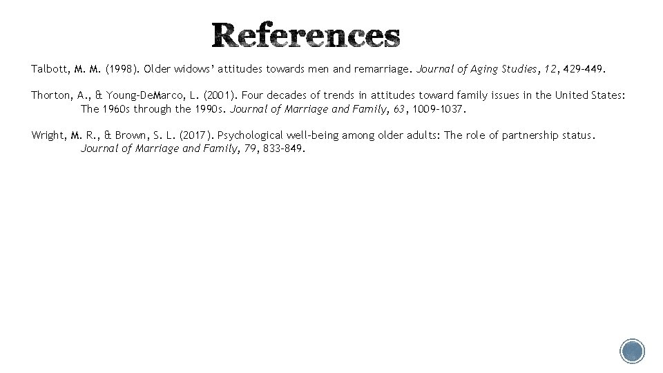 Talbott, M. M. (1998). Older widows’ attitudes towards men and remarriage. Journal of Aging
