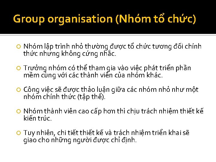 Group organisation (Nhóm tổ chức) Nhóm lập trình nhỏ thường được tổ chức tương