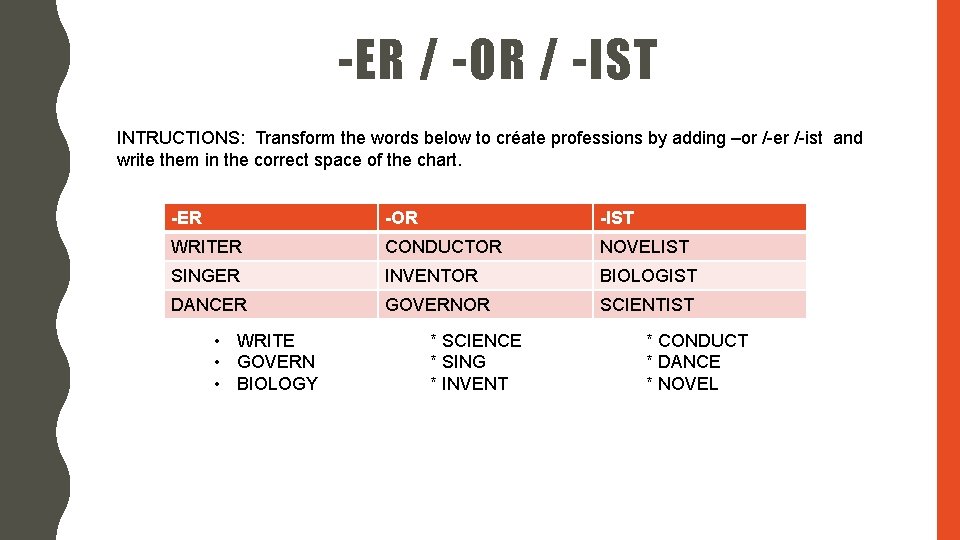 -ER / -OR / -IST INTRUCTIONS: Transform the words below to créate professions by