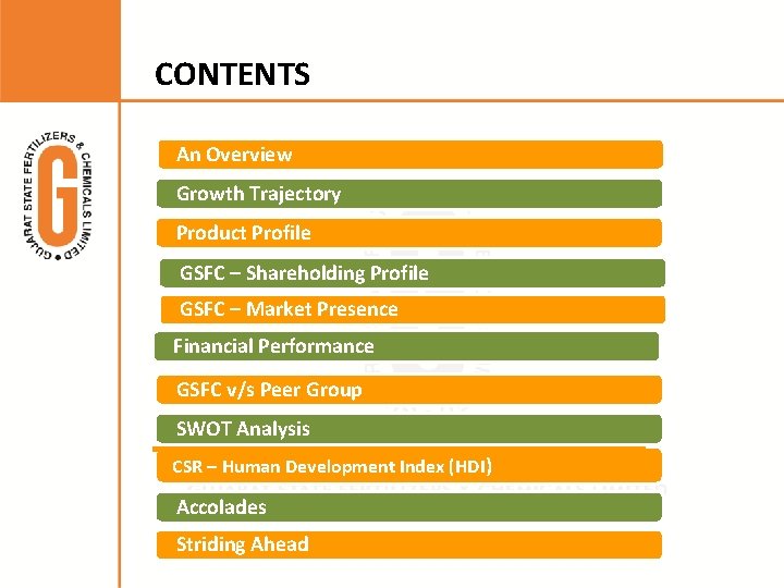 CONTENTS An Overview Growth Trajectory Product Profile GSFC – Shareholding Profile GSFC – Market