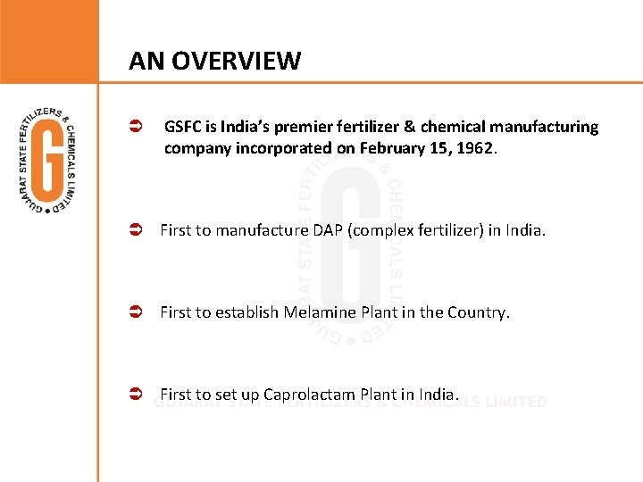 AN OVERVIEW GSFC is India’s premier fertilizer & chemical manufacturing company incorporated on February