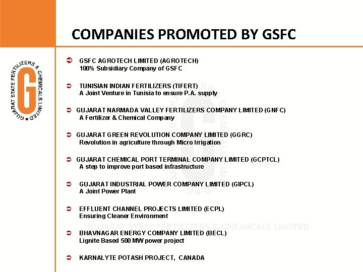 COMPANIES PROMOTED BY GSFC AGROTECH LIMITED (AGROTECH) 100% Subsidiary Company of GSFC TUNISIAN INDIAN