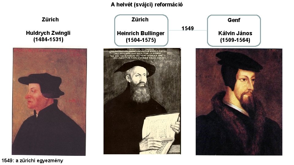 A helvét (svájci) reformáció Zürich Huldrych Zwingli (1484 -1531) 1549: a zürichi egyezmény Zürich