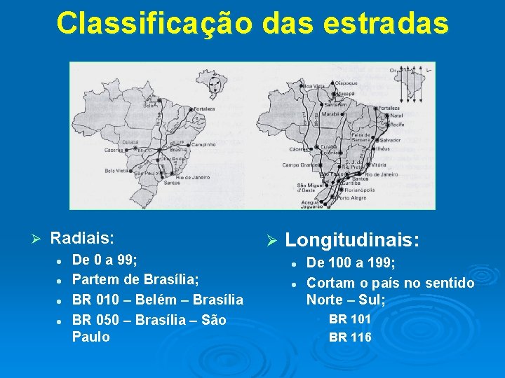 Classificação das estradas Ø Radiais: l l De 0 a 99; Partem de Brasília;