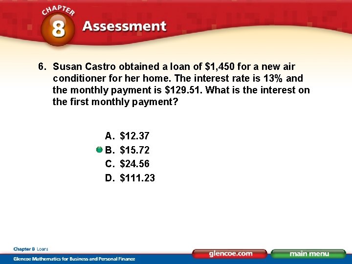 6. Susan Castro obtained a loan of $1, 450 for a new air conditioner