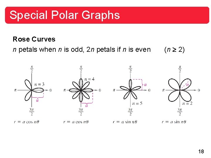Special Polar Graphs Rose Curves n petals when n is odd, 2 n petals