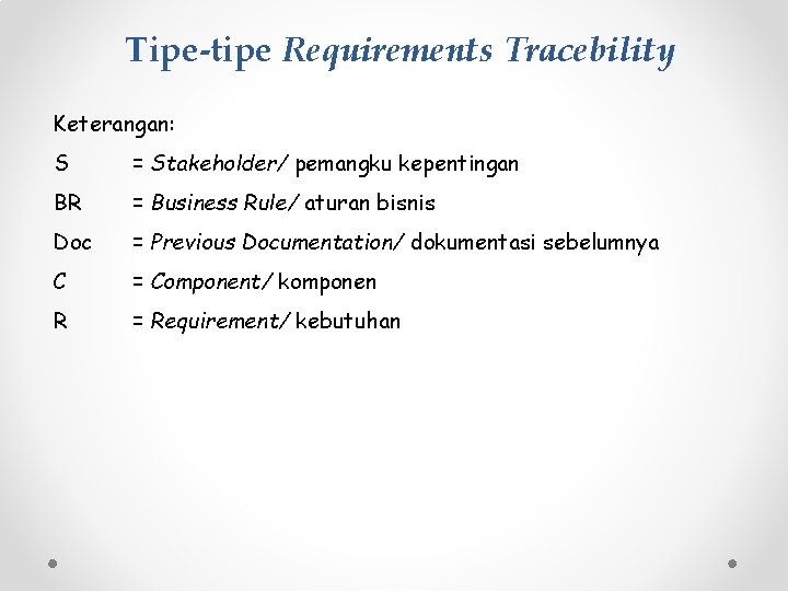 Tipe-tipe Requirements Tracebility Keterangan: S = Stakeholder/ pemangku kepentingan BR = Business Rule/ aturan