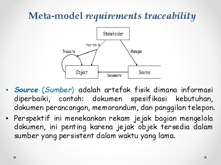 Meta-model requirements traceability • Source (Sumber) adalah artefak fisik dimana informasi diperbaiki, contoh: dokumen