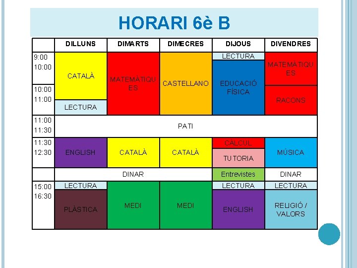 HORARI 6è B DILLUNS DIMARTS DIMECRES DIJOUS LECTURA 9: 00 10: 00 CATALÀ 10: