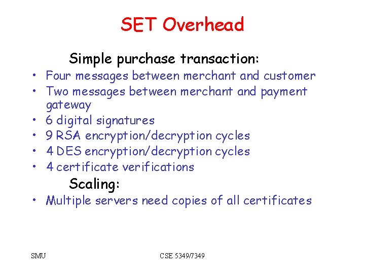 SET Overhead Simple purchase transaction: • Four messages between merchant and customer • Two