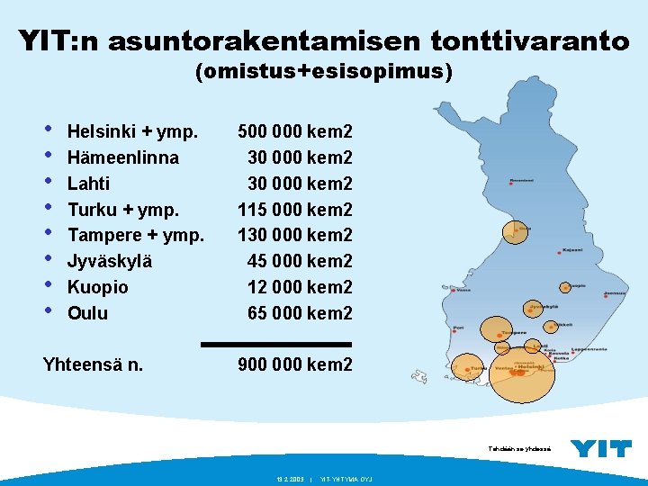 YIT: n asuntorakentamisen tonttivaranto (omistus+esisopimus) • • Helsinki + ymp. Hämeenlinna Lahti Turku +