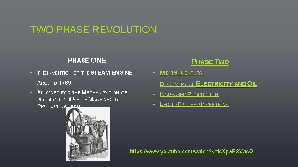 TWO PHASE REVOLUTION PHASE ONE • THE INVENTION OF THE STEAM PHASE TWO ENGINE