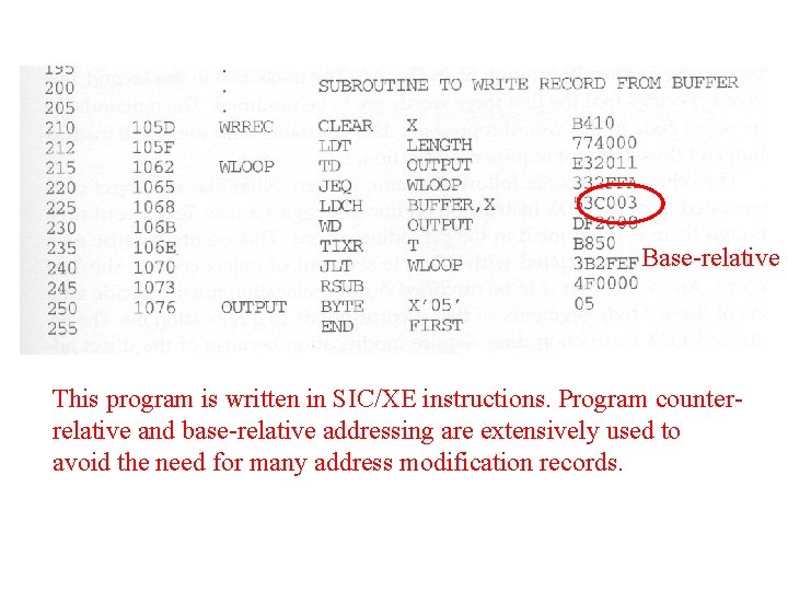 Base-relative This program is written in SIC/XE instructions. Program counterrelative and base-relative addressing are