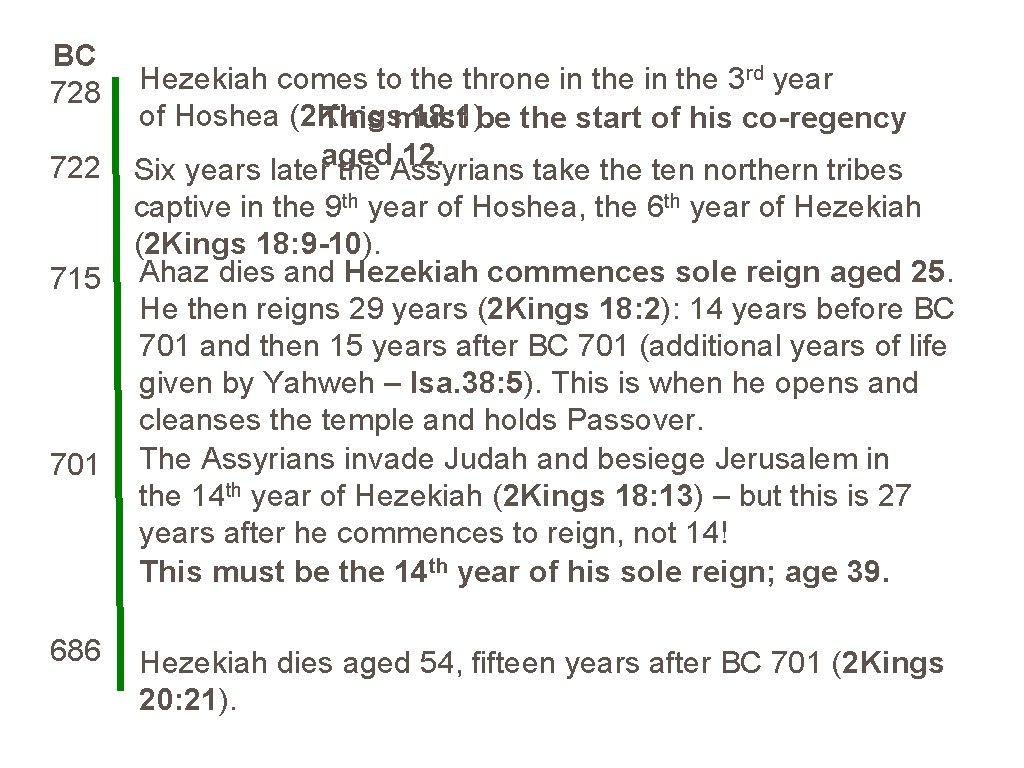 BC 728 722 715 701 686 Hezekiah comes to the throne in the 3 BC 728 722 715 701 686 Hezekiah comes to the throne in the 3