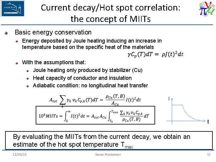 Current decay/Hot spot correlation: the concept of MIITs Basic energy conservation Energy deposited by