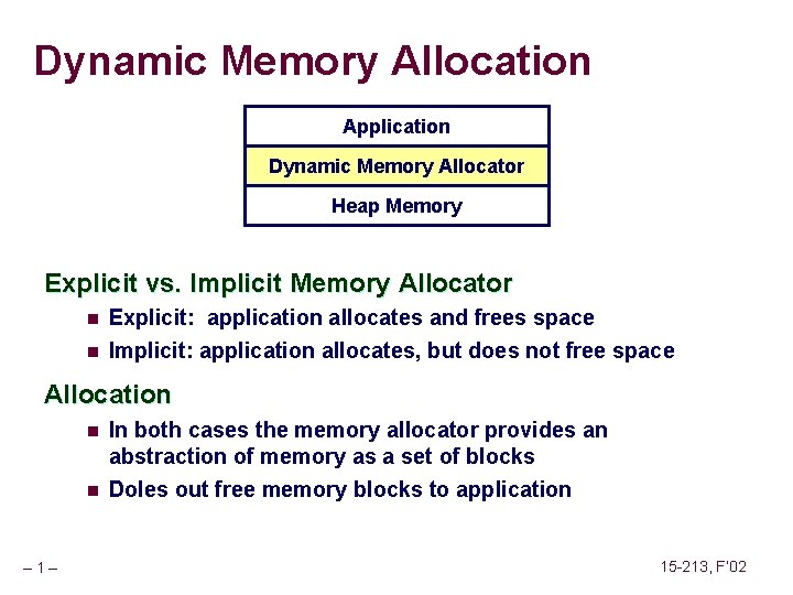 Dynamic Memory Allocation Application Dynamic Memory Allocator Heap Memory Explicit vs. Implicit Memory Allocator