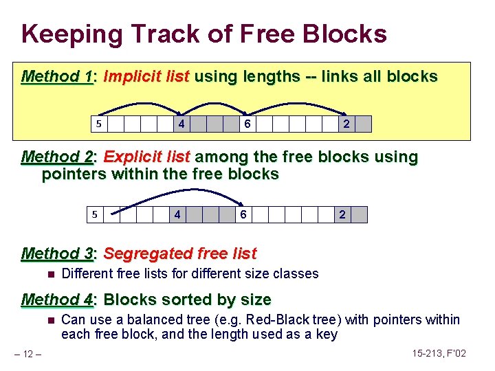 Keeping Track of Free Blocks Method 1: Implicit list using lengths -- links all