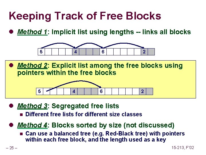 Keeping Track of Free Blocks l Method 1: Implicit list using lengths -- links