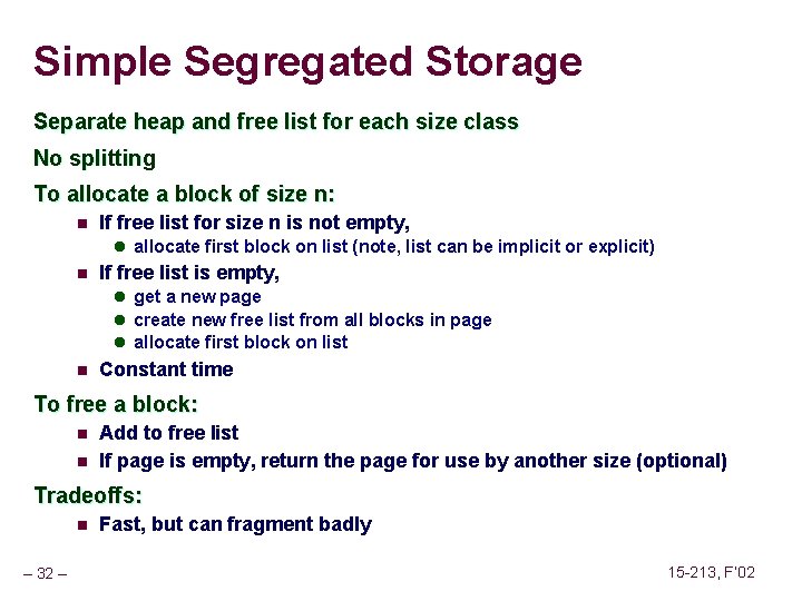 Simple Segregated Storage Separate heap and free list for each size class No splitting