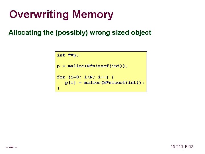 Overwriting Memory Allocating the (possibly) wrong sized object int **p; p = malloc(N*sizeof(int)); for