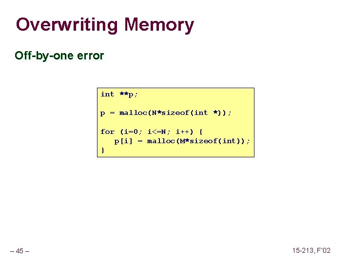 Overwriting Memory Off-by-one error int **p; p = malloc(N*sizeof(int *)); for (i=0; i<=N; i++)