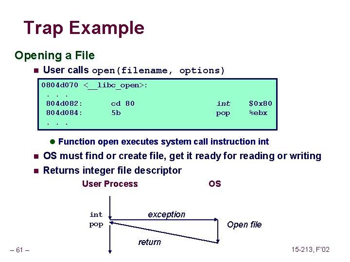 Trap Example Opening a File n User calls open(filename, options) 0804 d 070 <__libc_open>: