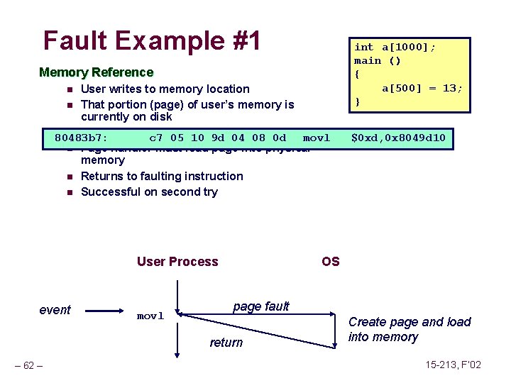 Fault Example #1 int a[1000]; main () { a[500] = 13; } Memory Reference