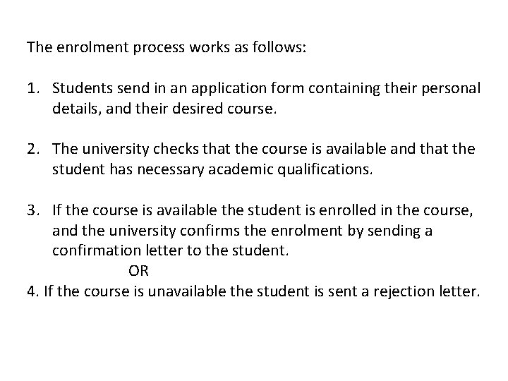 The enrolment process works as follows: 1. Students send in an application form containing