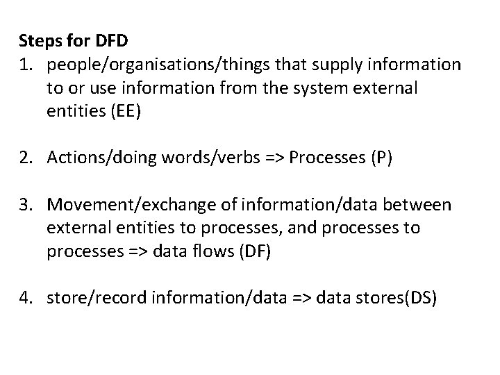Steps for DFD 1. people/organisations/things that supply information to or use information from the