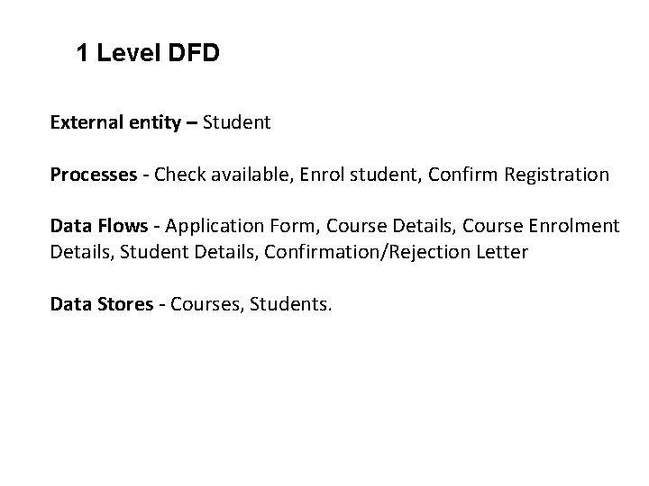 1 Level DFD External entity – Student Processes - Check available, Enrol student, Confirm