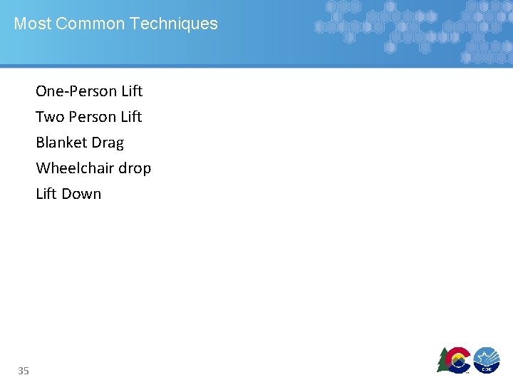 Most Common Techniques One-Person Lift Two Person Lift Blanket Drag Wheelchair drop Lift Down Most Common Techniques One-Person Lift Two Person Lift Blanket Drag Wheelchair drop Lift Down
