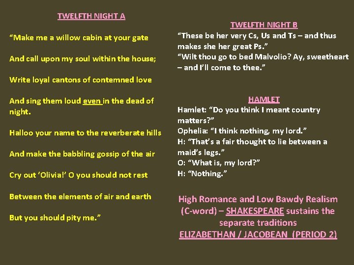TWELFTH NIGHT A “Make me a willow cabin at your gate And call upon