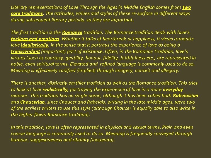 Literary representations of Love Through the Ages in Middle English comes from two core