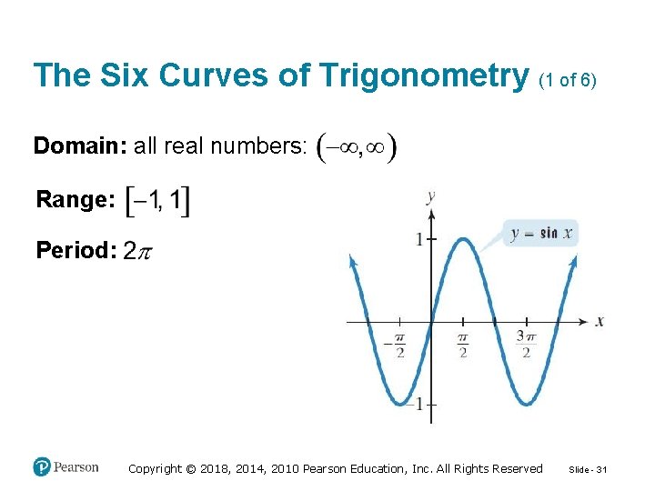 The Six Curves of Trigonometry (1 of 6) Domain: all real numbers: Range: Period: