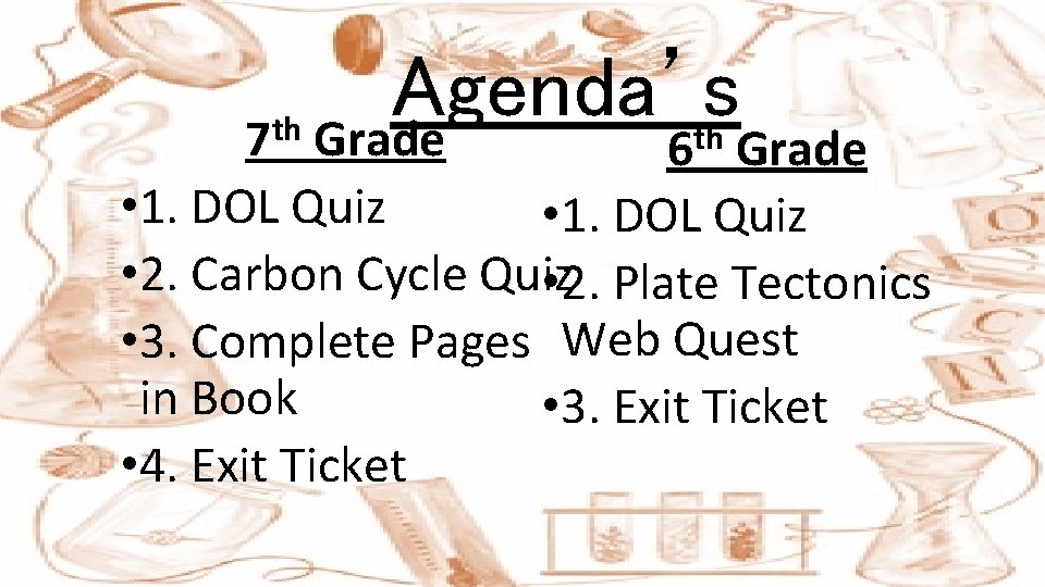 Agenda’s Grade 7 th 6 th Grade • 1. DOL Quiz • 2. Carbon