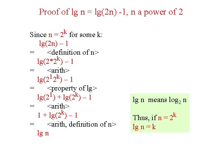 Proof of lg n = lg(2 n) -1, n a power of 2 Since