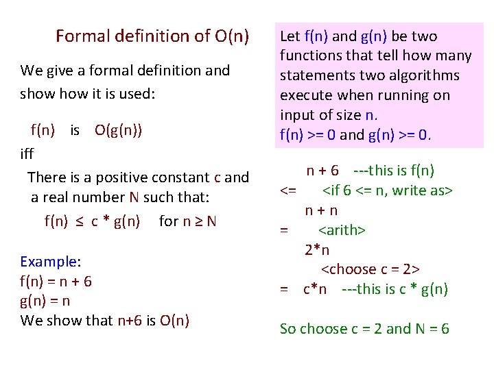 Formal definition of O(n) We give a formal definition and show it is used: