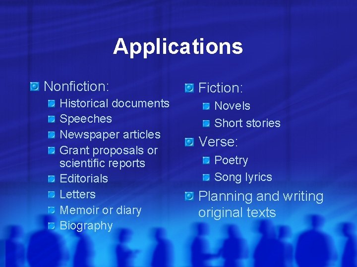 Applications Nonfiction: Historical documents Speeches Newspaper articles Grant proposals or scientific reports Editorials Letters