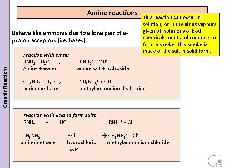 Amine reactions Organic Reactions Behave like ammonia due to a lone pair of e- Amine reactions Organic Reactions Behave like ammonia due to a lone pair of e-