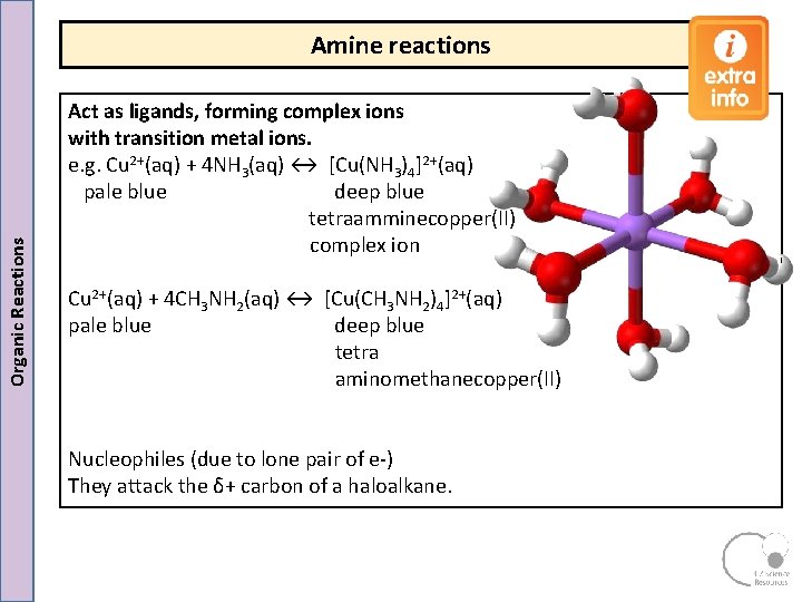 Organic Reactions Amine reactions Act as ligands, forming complex ions with transition metal ions. Organic Reactions Amine reactions Act as ligands, forming complex ions with transition metal ions.