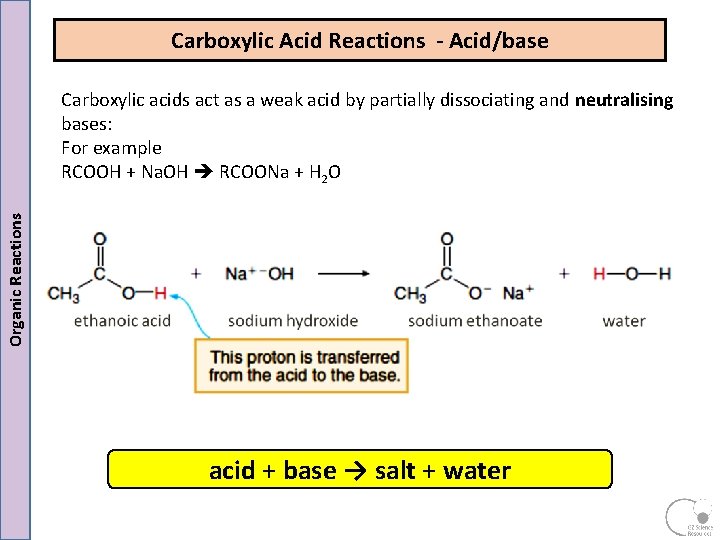 Carboxylic Acid Reactions - Acid/base Organic Reactions Carboxylic acids act as a weak acid Carboxylic Acid Reactions - Acid/base Organic Reactions Carboxylic acids act as a weak acid