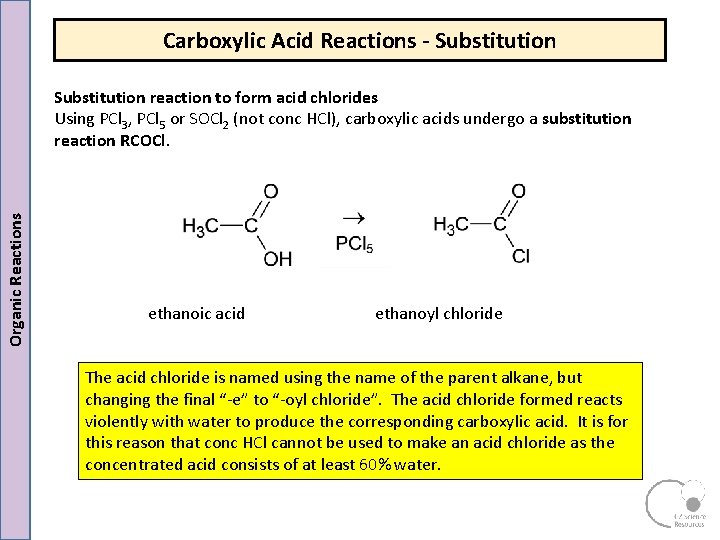 Carboxylic Acid Reactions - Substitution Organic Reactions Substitution reaction to form acid chlorides Using Carboxylic Acid Reactions - Substitution Organic Reactions Substitution reaction to form acid chlorides Using