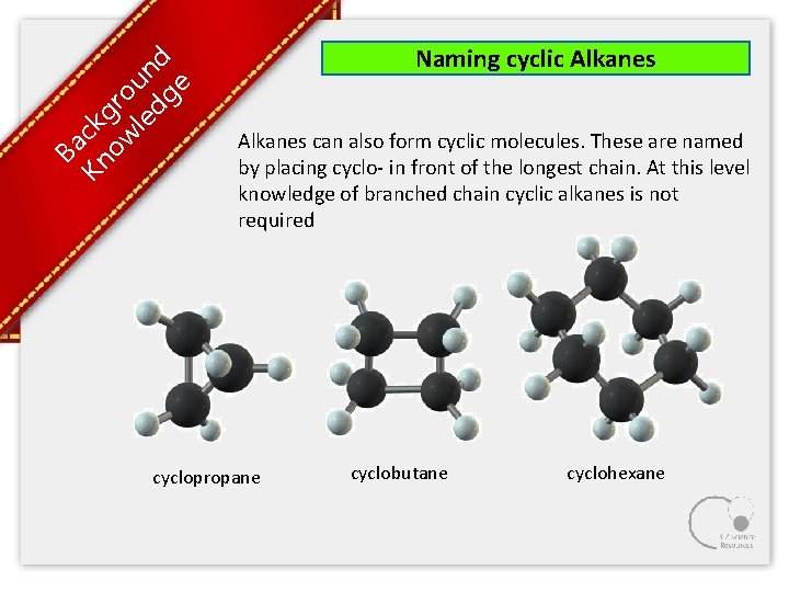 Ba Kn ck ow gro le un dg d e Naming cyclic Alkanes can Ba Kn ck ow gro le un dg d e Naming cyclic Alkanes can