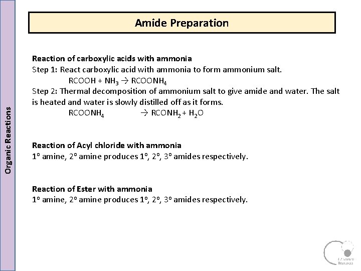 Organic Reactions Amide Preparation Reaction of carboxylic acids with ammonia Step 1: React carboxylic Organic Reactions Amide Preparation Reaction of carboxylic acids with ammonia Step 1: React carboxylic